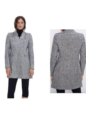Zara women's gray herringbone blazer coat with mandarin collar & flap pockets S